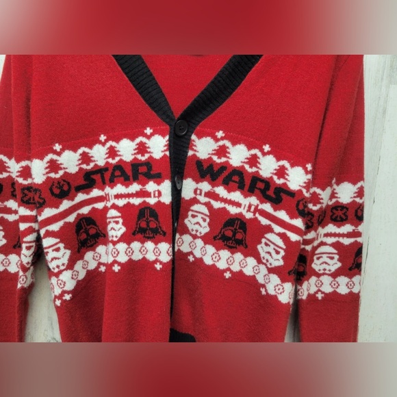 Star Wars Womens Red Ugly Christmas Button Front Cardigan Sweater Size Small - Picture 2 of 7
